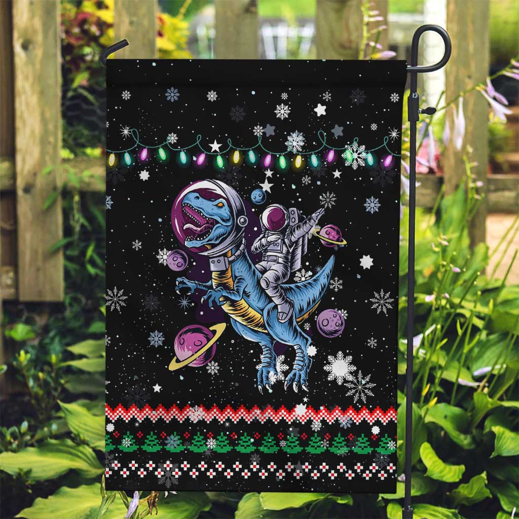 Astronauts Ride A T Rex In Space With The Planet Christmas Garden Flag Xmas Holiday Patterns - Wonder Print Shop