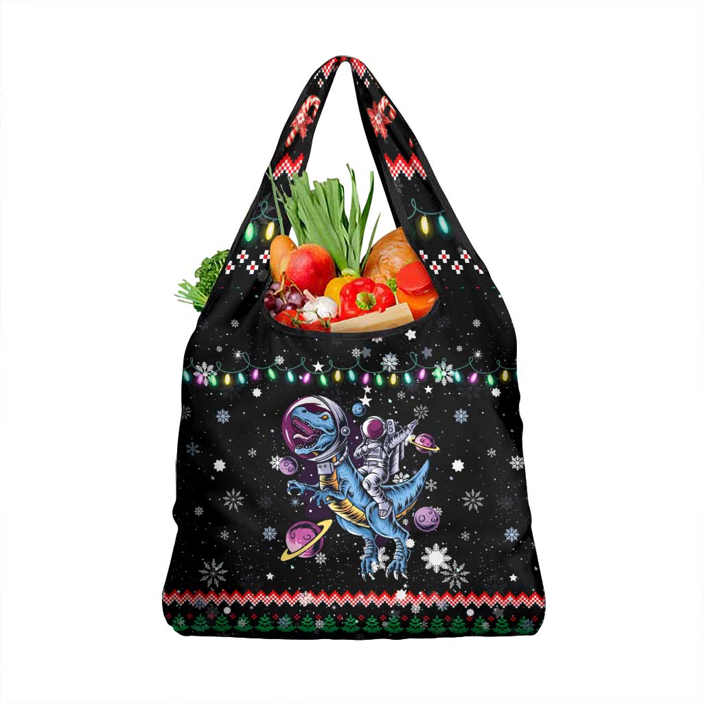 Astronauts Ride A T Rex In Space With The Planet Christmas Grocery Bag Xmas Holiday Patterns - Wonder Print Shop