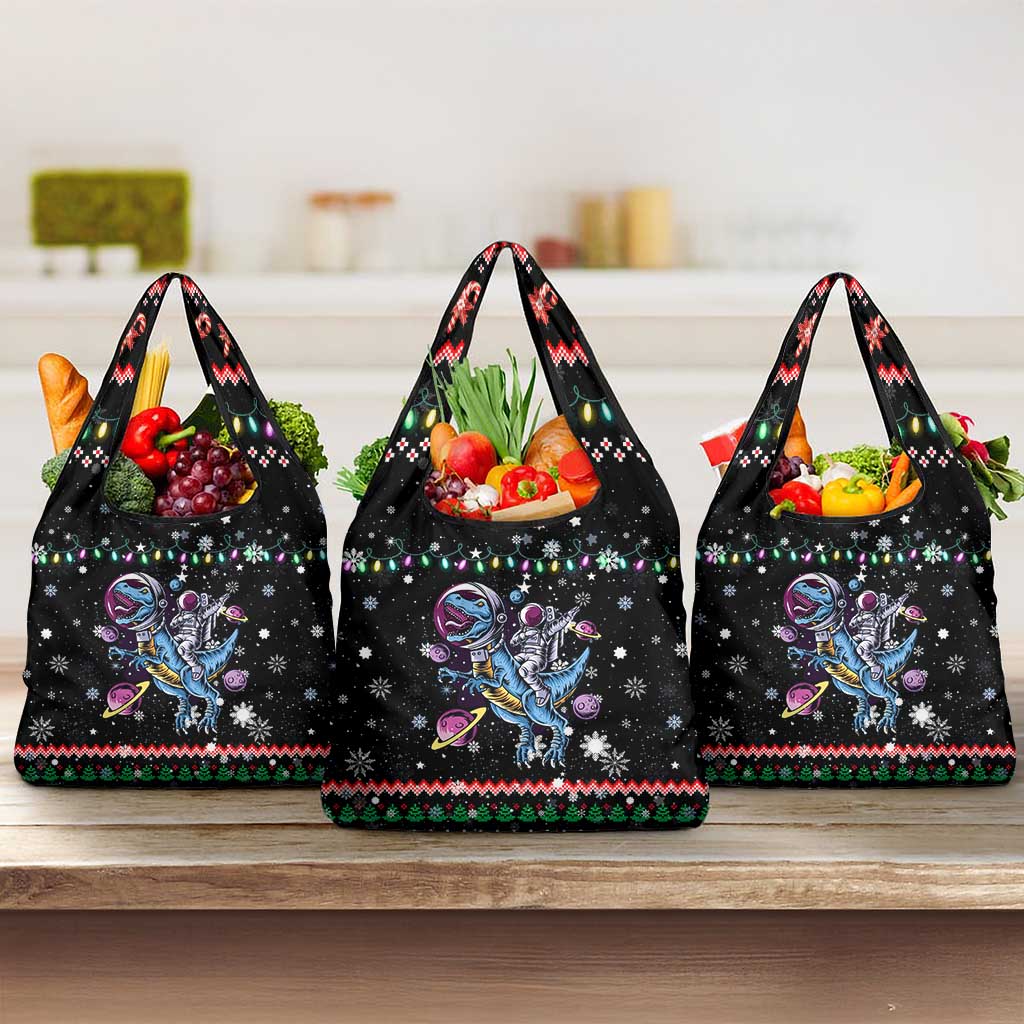 Astronauts Ride A T Rex In Space With The Planet Christmas Grocery Bag Xmas Holiday Patterns - Wonder Print Shop