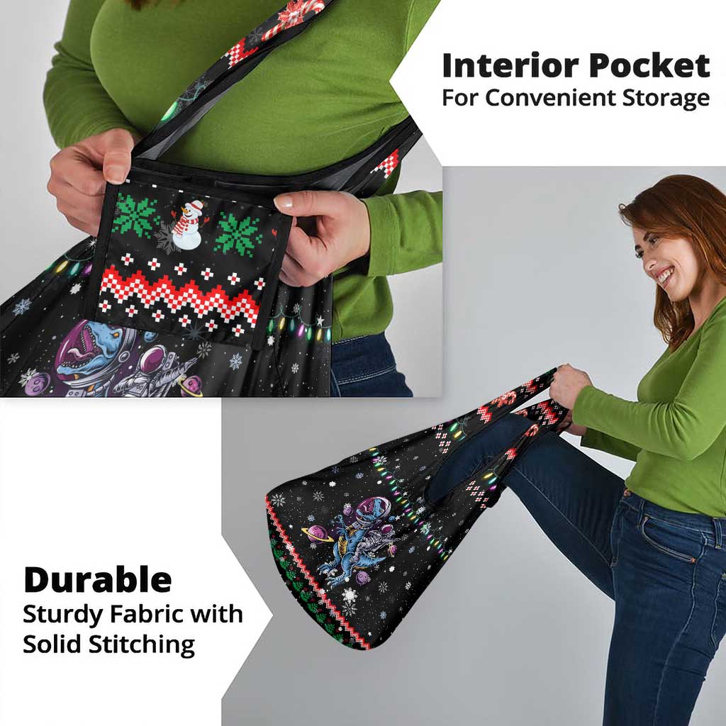 Astronauts Ride A T Rex In Space With The Planet Christmas Grocery Bag Xmas Holiday Patterns - Wonder Print Shop