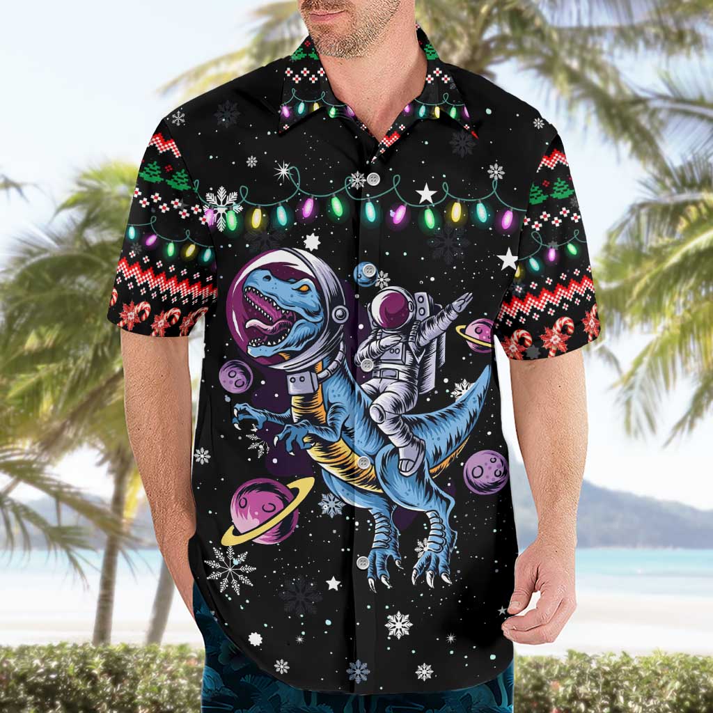 Astronauts Ride A T Rex In Space With The Planet Christmas Hawaiian Shirt Xmas Holiday Patterns - Wonder Print Shop