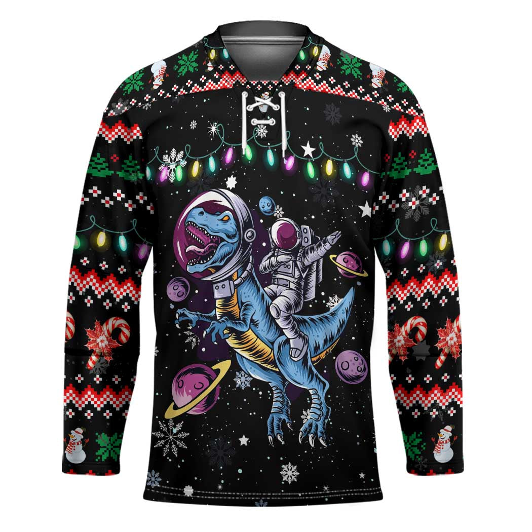 Astronauts Ride A T Rex In Space With The Planet Christmas Hockey Jersey Xmas Holiday Patterns - Wonder Print Shop