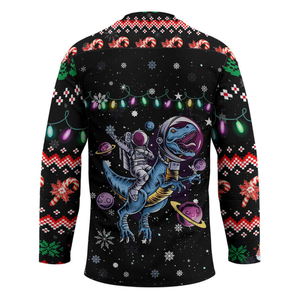 Astronauts Ride A T Rex In Space With The Planet Christmas Hockey Jersey Xmas Holiday Patterns - Wonder Print Shop