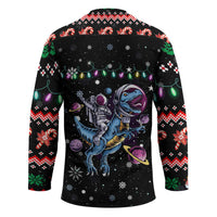 Astronauts Ride A T Rex In Space With The Planet Christmas Hockey Jersey Xmas Holiday Patterns - Wonder Print Shop