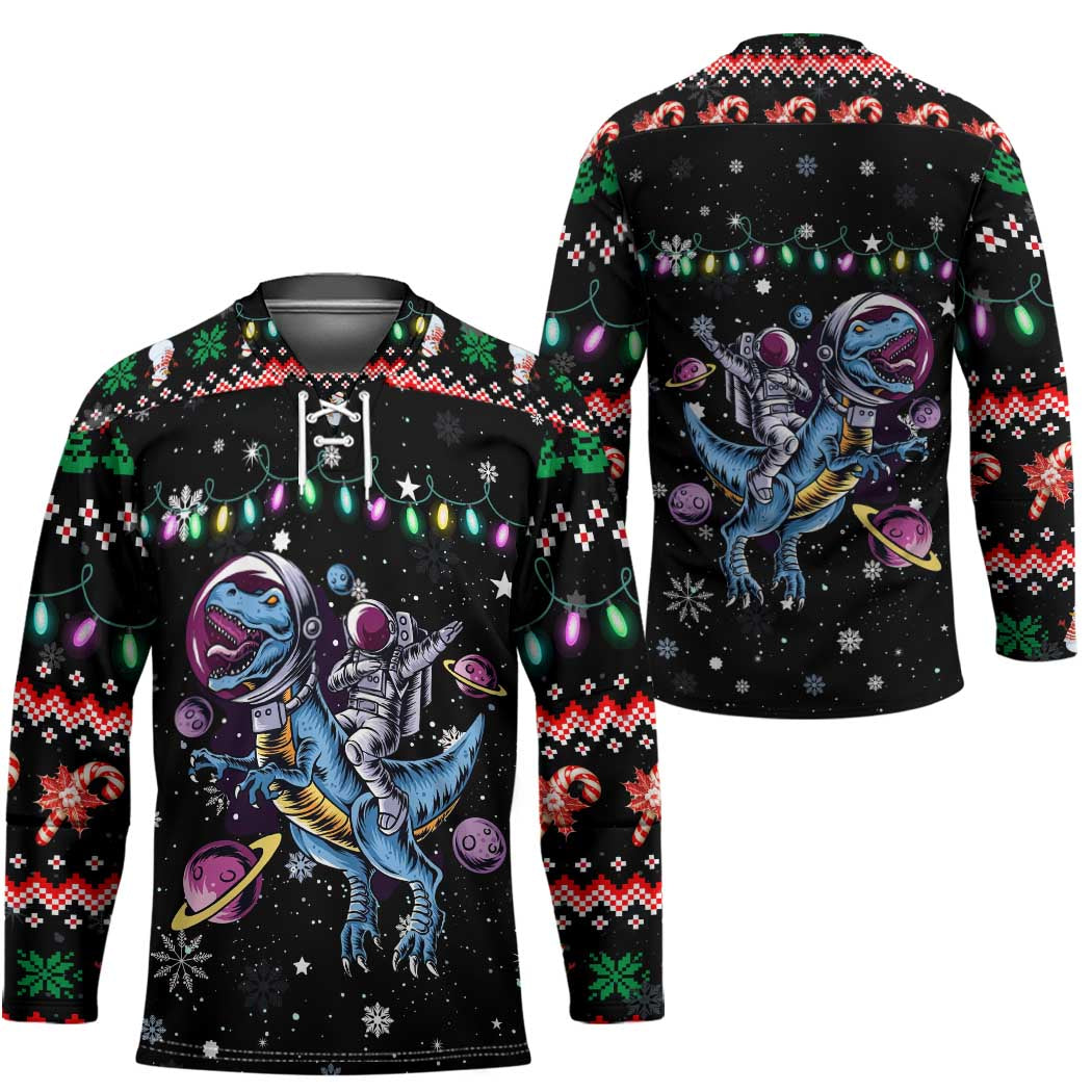 Astronauts Ride A T Rex In Space With The Planet Christmas Hockey Jersey Xmas Holiday Patterns - Wonder Print Shop