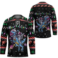 Astronauts Ride A T Rex In Space With The Planet Christmas Hockey Jersey Xmas Holiday Patterns - Wonder Print Shop