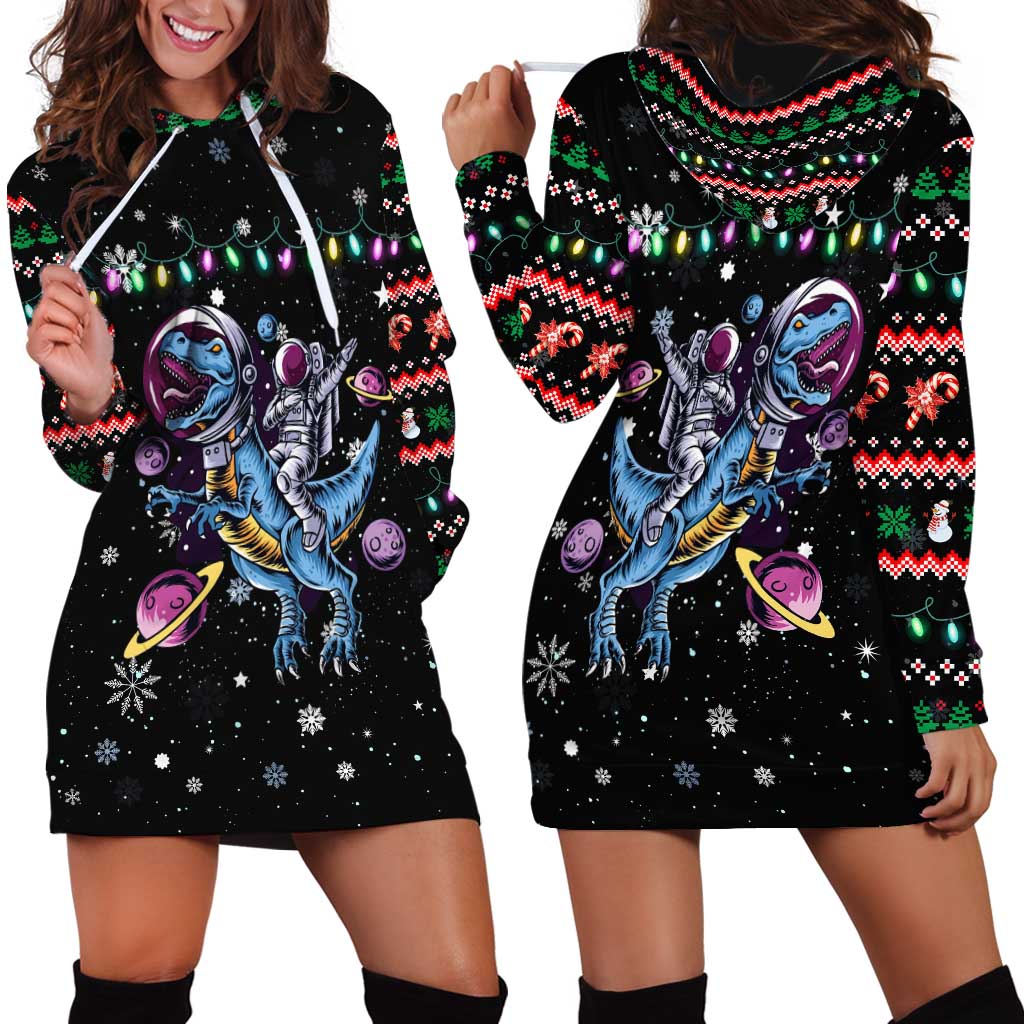 Astronauts Ride A T Rex In Space With The Planet Christmas Hoodie Dress Xmas Holiday Patterns - Wonder Print Shop