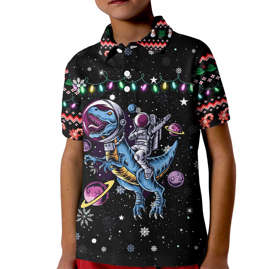 Astronauts Ride A T Rex In Space With The Planet Christmas Kid Polo Shirt Xmas Holiday Patterns - Wonder Print Shop
