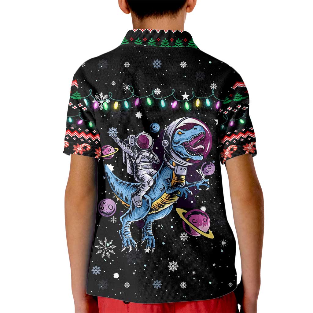 Astronauts Ride A T Rex In Space With The Planet Christmas Kid Polo Shirt Xmas Holiday Patterns - Wonder Print Shop