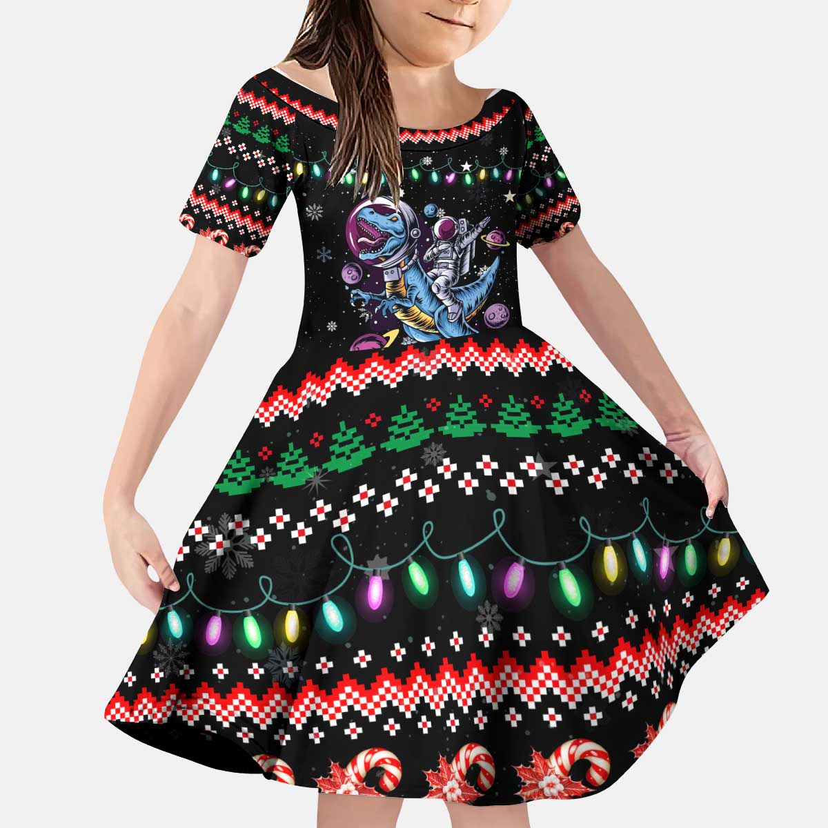 Astronauts Ride A T Rex In Space With The Planet Christmas Kid Short Sleeve Dress Xmas Holiday Patterns - Wonder Print Shop