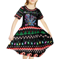 Astronauts Ride A T Rex In Space With The Planet Christmas Kid Short Sleeve Dress Xmas Holiday Patterns - Wonder Print Shop