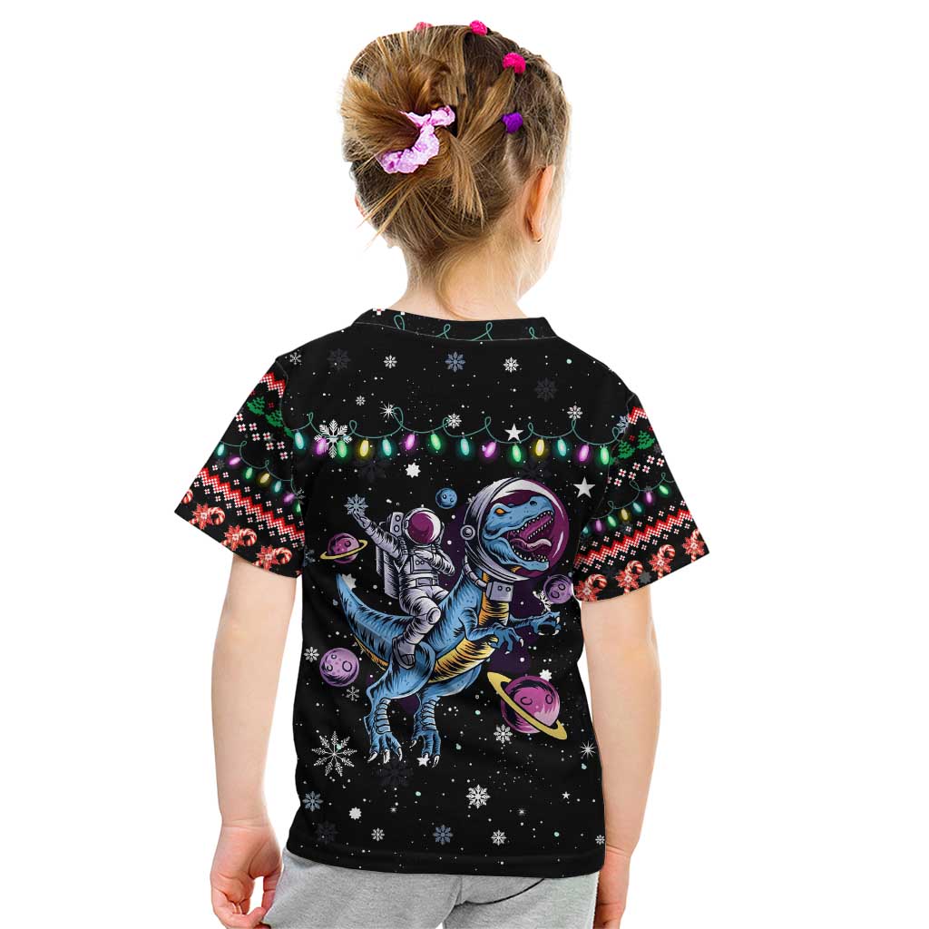 Astronauts Ride A T Rex In Space With The Planet Christmas Kid T Shirt Xmas Holiday Patterns - Wonder Print Shop