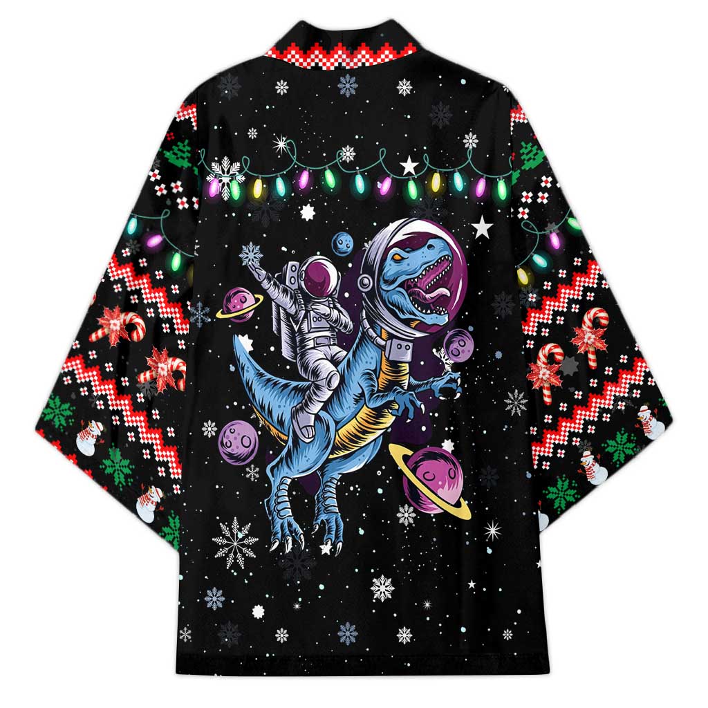 Astronauts Ride A T Rex In Space With The Planet Christmas Kimono Xmas Holiday Patterns - Wonder Print Shop