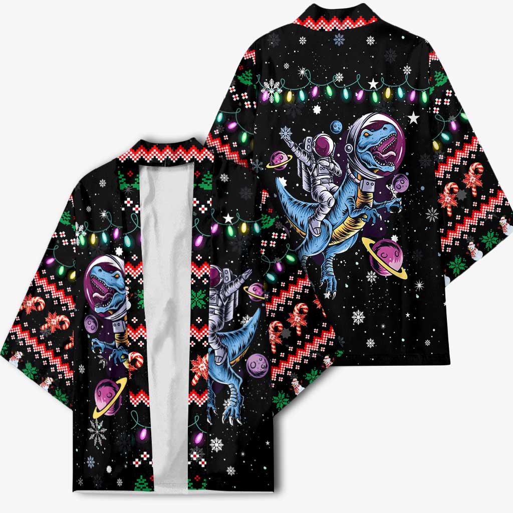 Astronauts Ride A T Rex In Space With The Planet Christmas Kimono Xmas Holiday Patterns - Wonder Print Shop