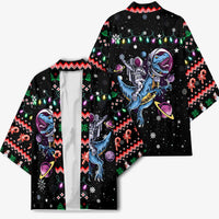 Astronauts Ride A T Rex In Space With The Planet Christmas Kimono Xmas Holiday Patterns - Wonder Print Shop