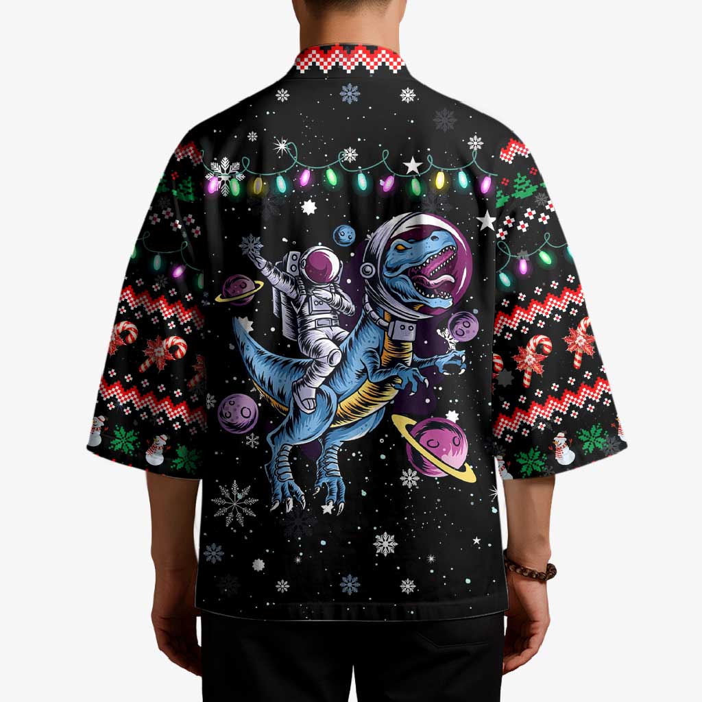 Astronauts Ride A T Rex In Space With The Planet Christmas Kimono Xmas Holiday Patterns - Wonder Print Shop