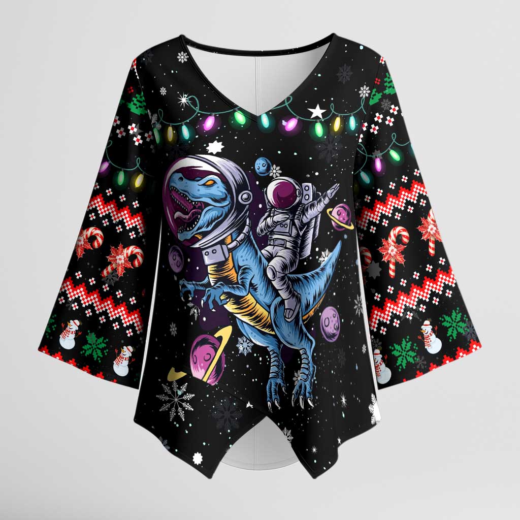 Astronauts Ride A T Rex In Space With The Planet Christmas Kimono Sleeve Blouse Xmas Holiday Patterns - Wonder Print Shop