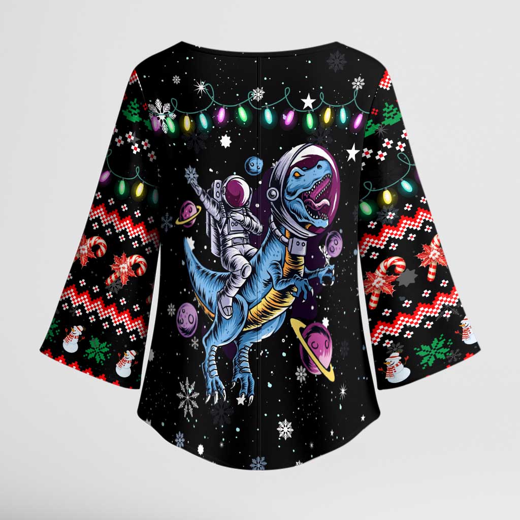 Astronauts Ride A T Rex In Space With The Planet Christmas Kimono Sleeve Blouse Xmas Holiday Patterns - Wonder Print Shop