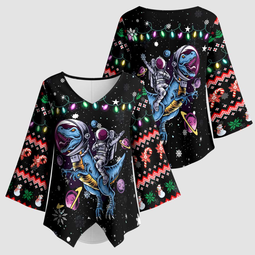 Astronauts Ride A T Rex In Space With The Planet Christmas Kimono Sleeve Blouse Xmas Holiday Patterns - Wonder Print Shop