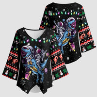 Astronauts Ride A T Rex In Space With The Planet Christmas Kimono Sleeve Blouse Xmas Holiday Patterns - Wonder Print Shop
