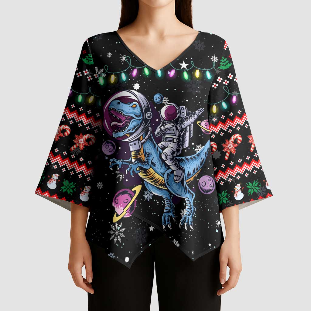 Astronauts Ride A T Rex In Space With The Planet Christmas Kimono Sleeve Blouse Xmas Holiday Patterns - Wonder Print Shop