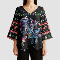 Astronauts Ride A T Rex In Space With The Planet Christmas Kimono Sleeve Blouse Xmas Holiday Patterns - Wonder Print Shop