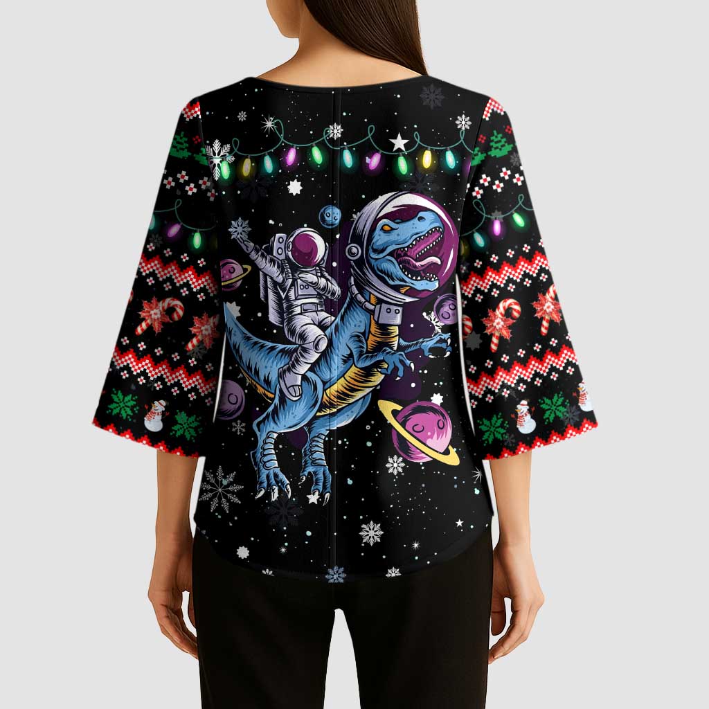 Astronauts Ride A T Rex In Space With The Planet Christmas Kimono Sleeve Blouse Xmas Holiday Patterns - Wonder Print Shop