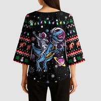 Astronauts Ride A T Rex In Space With The Planet Christmas Kimono Sleeve Blouse Xmas Holiday Patterns - Wonder Print Shop