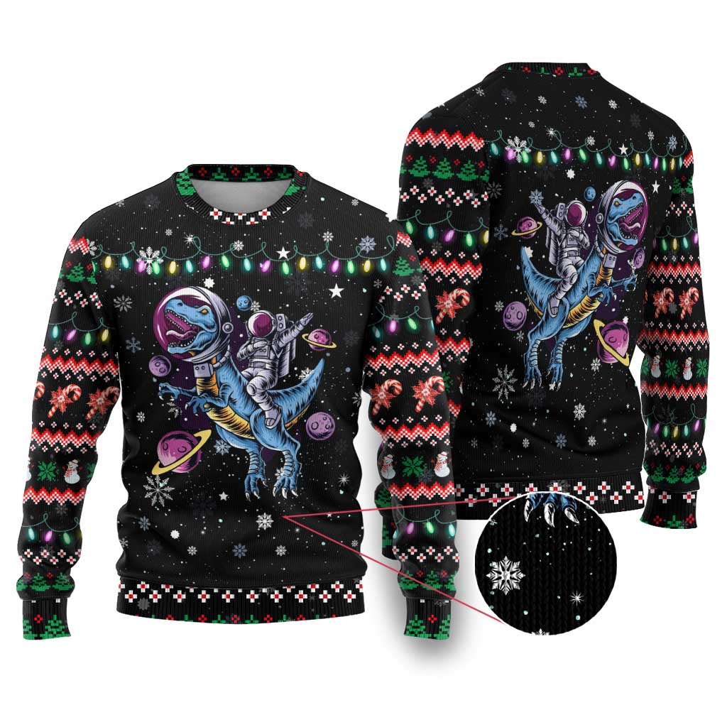 Astronauts Ride A T Rex In Space With The Planet Christmas Ugly Christmas Sweater Xmas Holiday Patterns - Wonder Print Shop