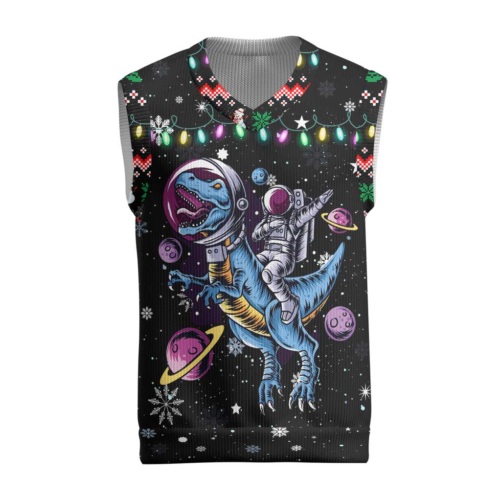 Astronauts Ride A T Rex In Space With The Planet Christmas Knitted V-Neck Vest Xmas Holiday Patterns - Wonder Print Shop