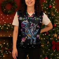 Astronauts Ride A T Rex In Space With The Planet Christmas Knitted V-Neck Vest Xmas Holiday Patterns - Wonder Print Shop