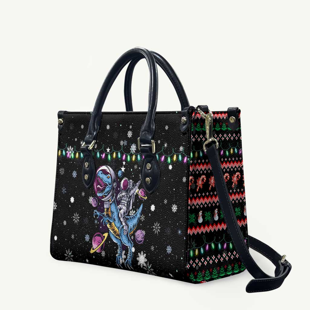 Astronauts Ride A T Rex In Space With The Planet Christmas Leather Bag Xmas Holiday Patterns - Wonder Print Shop