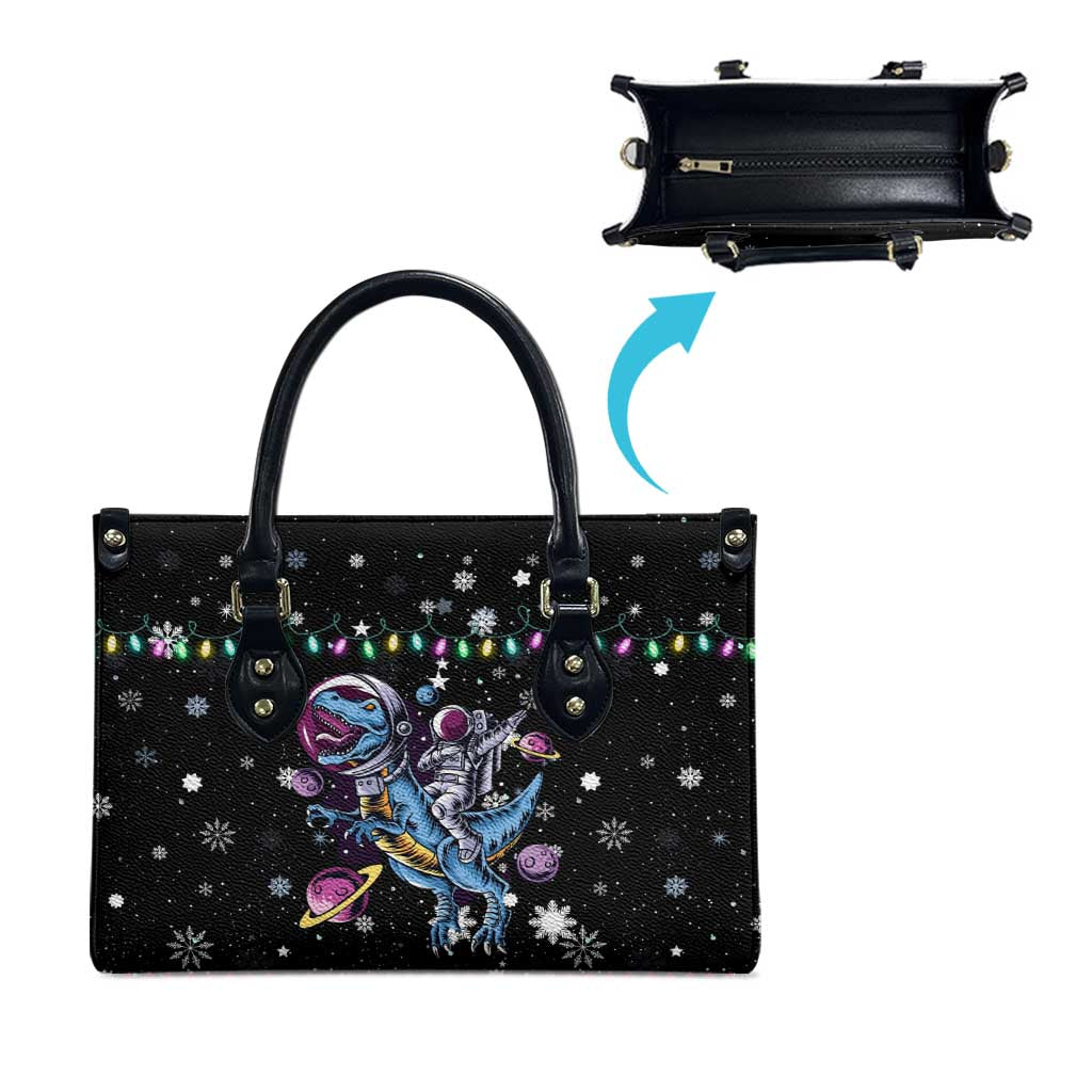 Astronauts Ride A T Rex In Space With The Planet Christmas Leather Bag Xmas Holiday Patterns - Wonder Print Shop