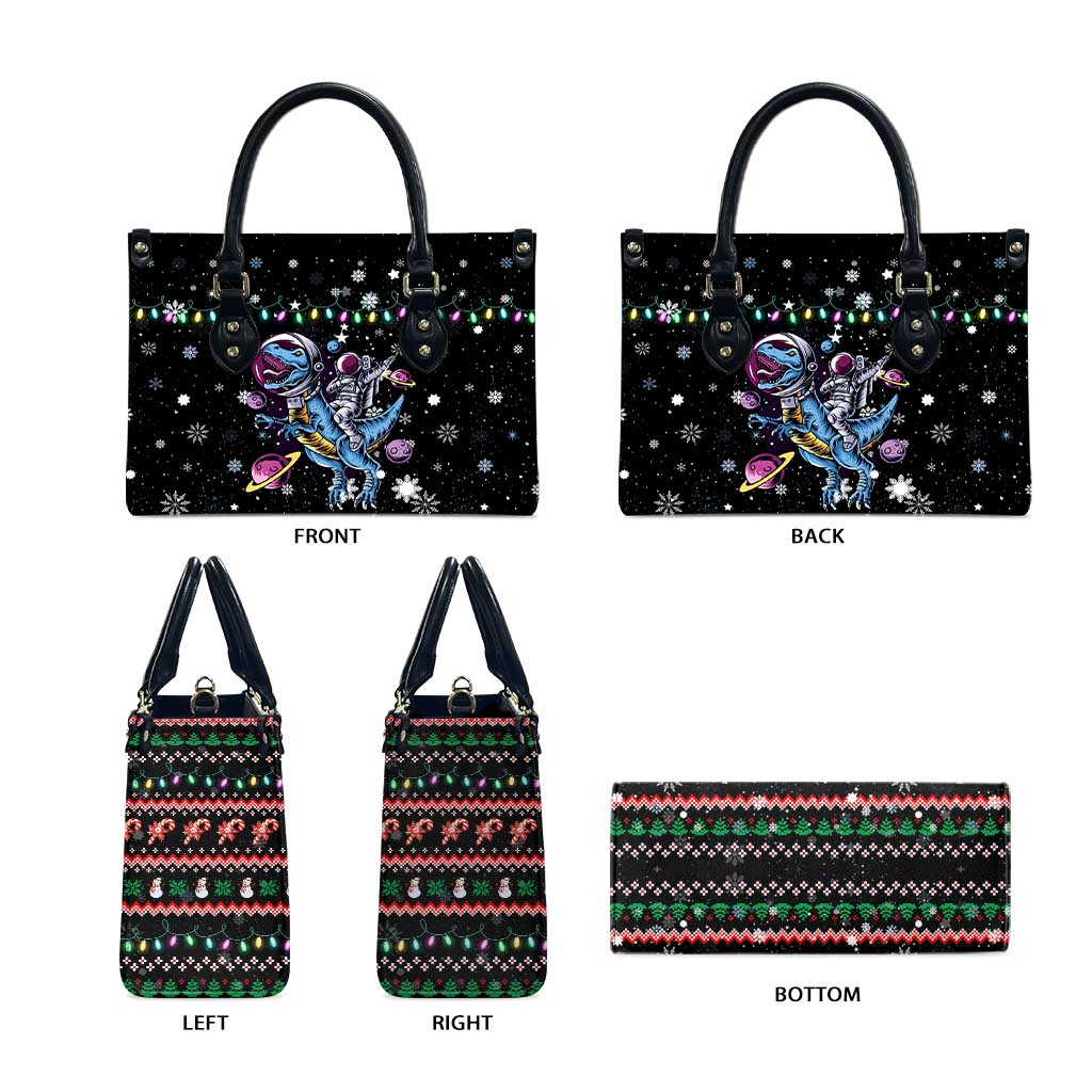 Astronauts Ride A T Rex In Space With The Planet Christmas Leather Bag Xmas Holiday Patterns - Wonder Print Shop
