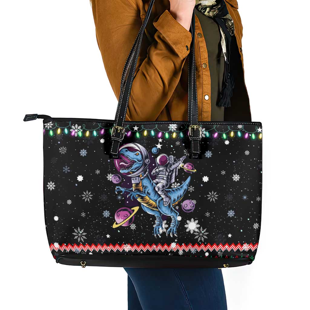 Astronauts Ride A T Rex In Space With The Planet Christmas Leather Tote Bag Xmas Holiday Patterns - Wonder Print Shop