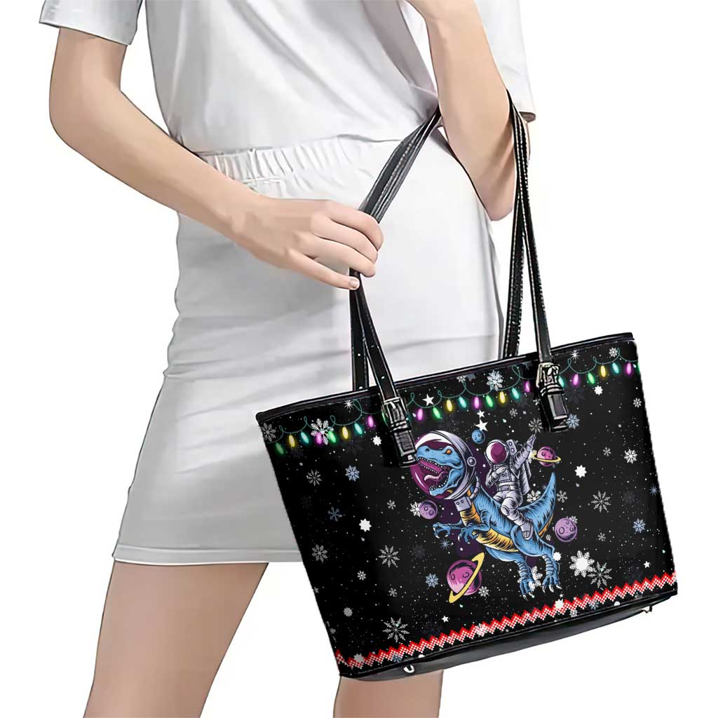 Astronauts Ride A T Rex In Space With The Planet Christmas Leather Tote Bag Xmas Holiday Patterns - Wonder Print Shop