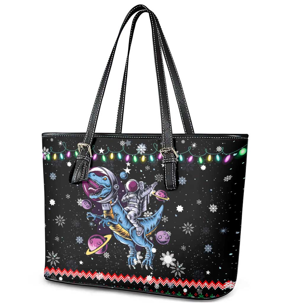 Astronauts Ride A T Rex In Space With The Planet Christmas Leather Tote Bag Xmas Holiday Patterns - Wonder Print Shop