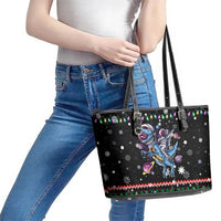 Astronauts Ride A T Rex In Space With The Planet Christmas Leather Tote Bag Xmas Holiday Patterns - Wonder Print Shop