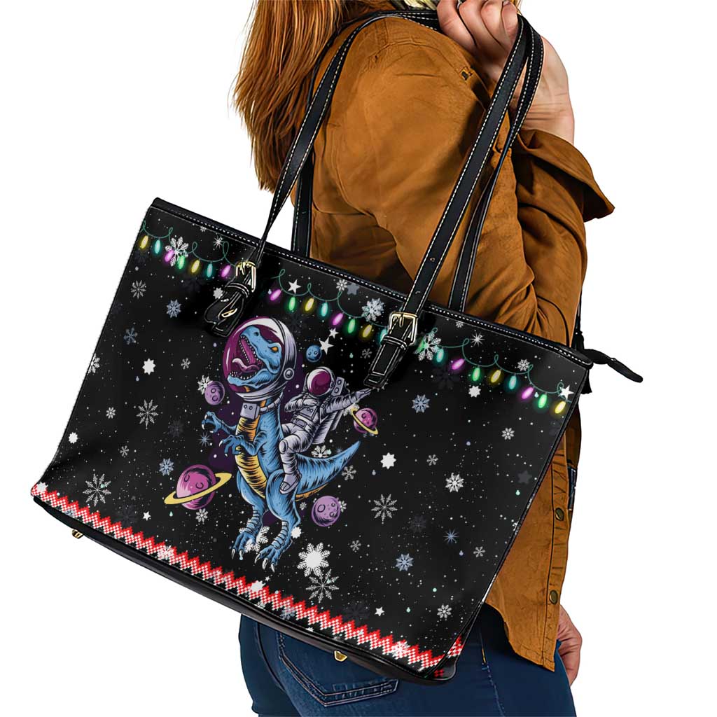 Astronauts Ride A T Rex In Space With The Planet Christmas Leather Tote Bag Xmas Holiday Patterns - Wonder Print Shop