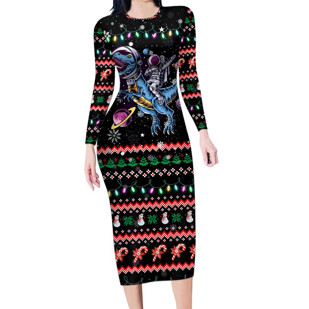 Astronauts Ride A T Rex In Space With The Planet Christmas Long Sleeve Bodycon Dress Xmas Holiday Patterns - Wonder Print Shop