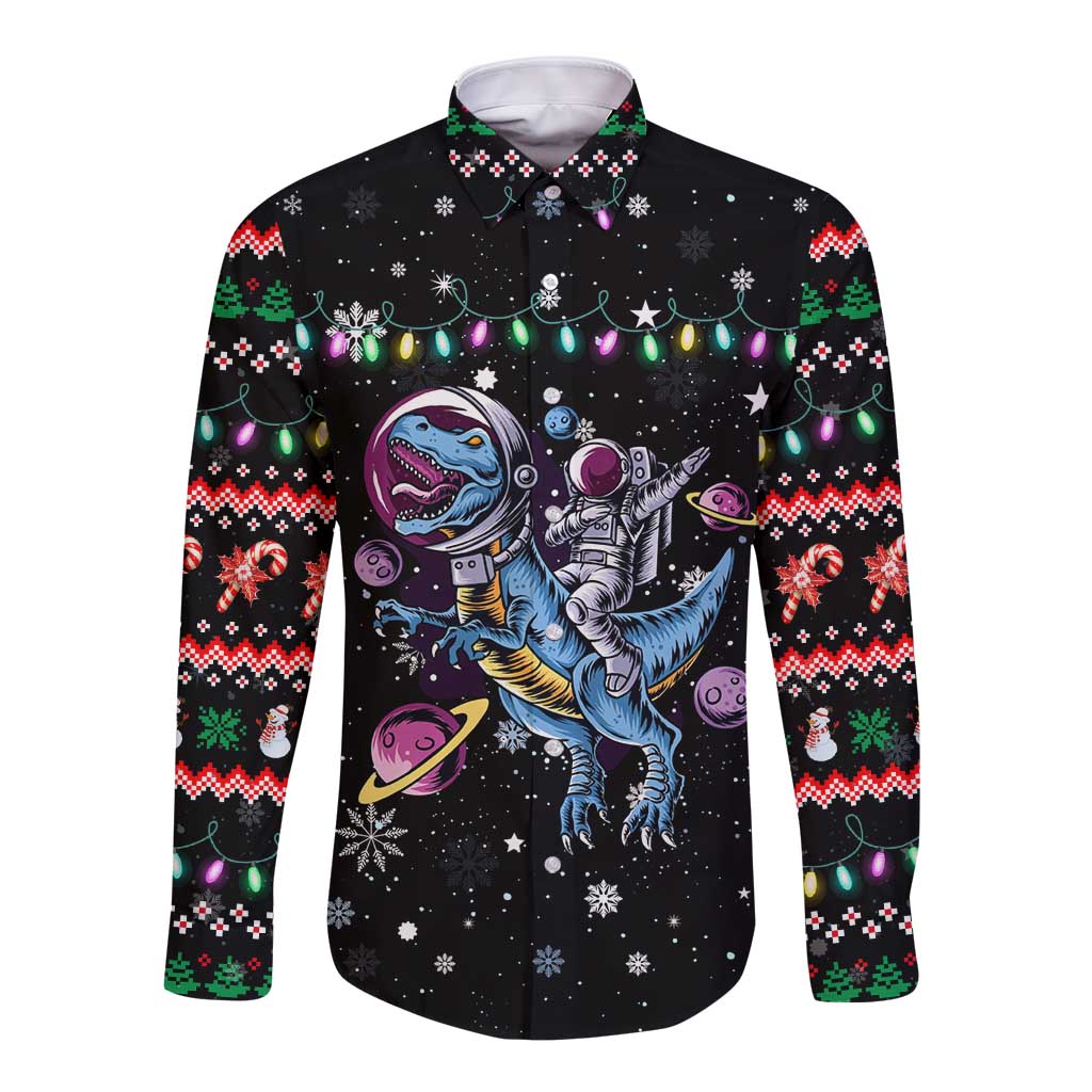 Astronauts Ride A T Rex In Space With The Planet Christmas Long Sleeve Button Shirt Xmas Holiday Patterns - Wonder Print Shop