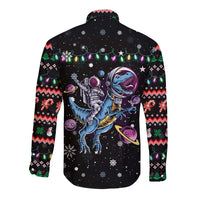 Astronauts Ride A T Rex In Space With The Planet Christmas Long Sleeve Button Shirt Xmas Holiday Patterns - Wonder Print Shop