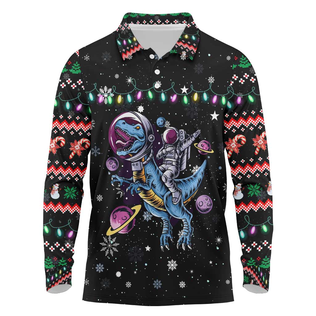 Astronauts Ride A T Rex In Space With The Planet Christmas Long Sleeve Polo Shirt Xmas Holiday Patterns - Wonder Print Shop