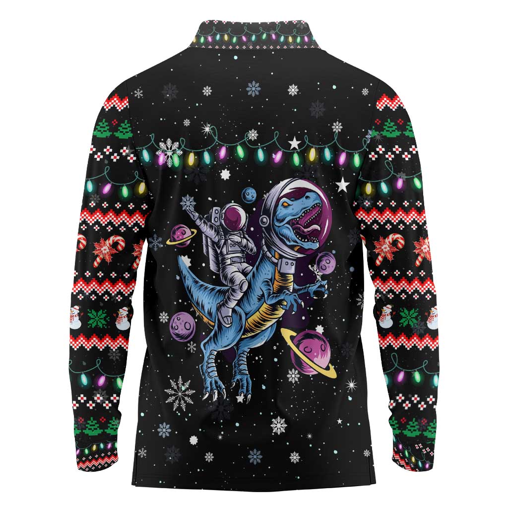 Astronauts Ride A T Rex In Space With The Planet Christmas Long Sleeve Polo Shirt Xmas Holiday Patterns - Wonder Print Shop