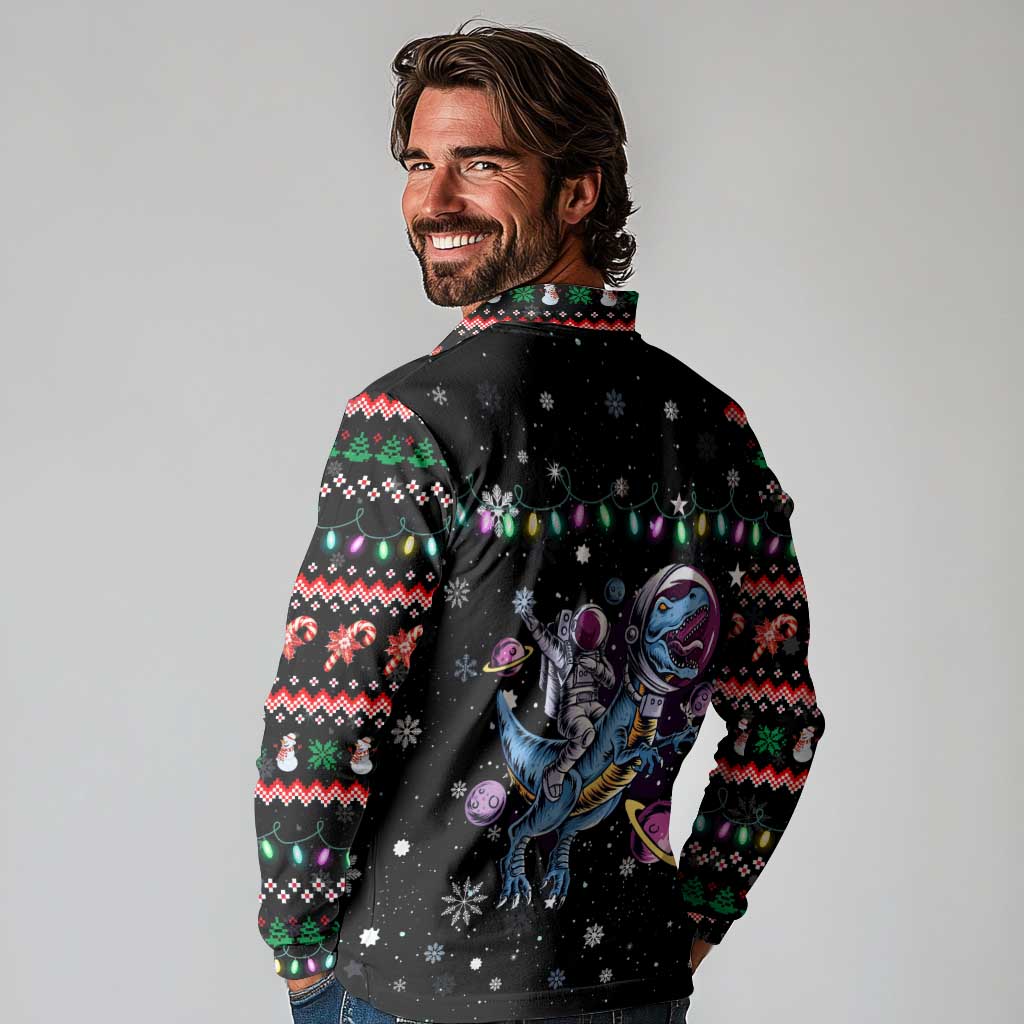 Astronauts Ride A T Rex In Space With The Planet Christmas Long Sleeve Polo Shirt Xmas Holiday Patterns - Wonder Print Shop