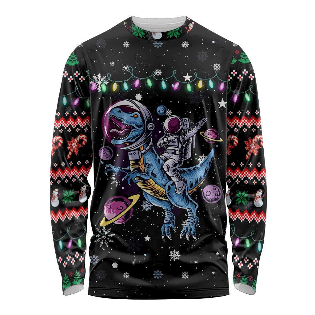 Astronauts Ride A T Rex In Space With The Planet Christmas Long Sleeve Shirt Xmas Holiday Patterns - Wonder Print Shop