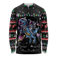 Astronauts Ride A T Rex In Space With The Planet Christmas Long Sleeve Shirt Xmas Holiday Patterns - Wonder Print Shop