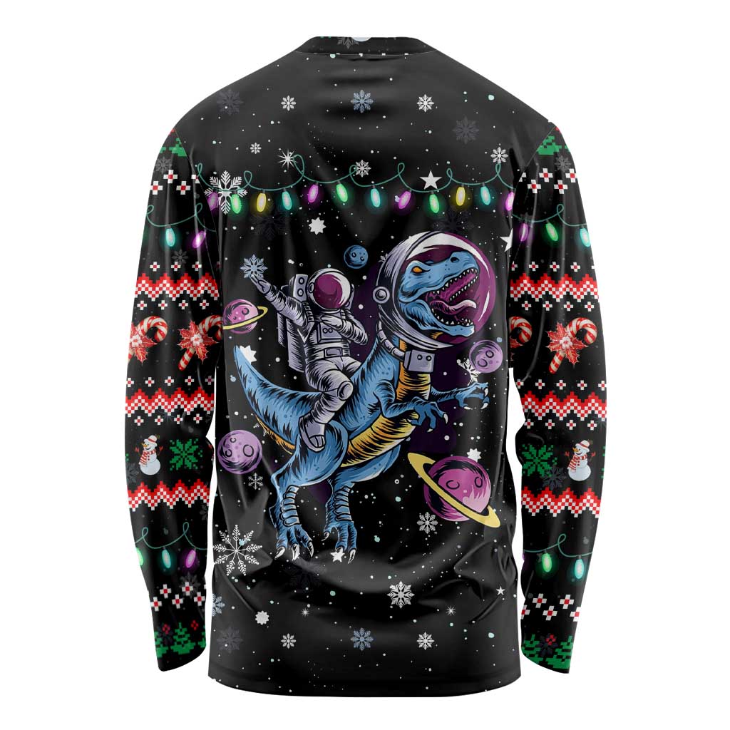 Astronauts Ride A T Rex In Space With The Planet Christmas Long Sleeve Shirt Xmas Holiday Patterns - Wonder Print Shop