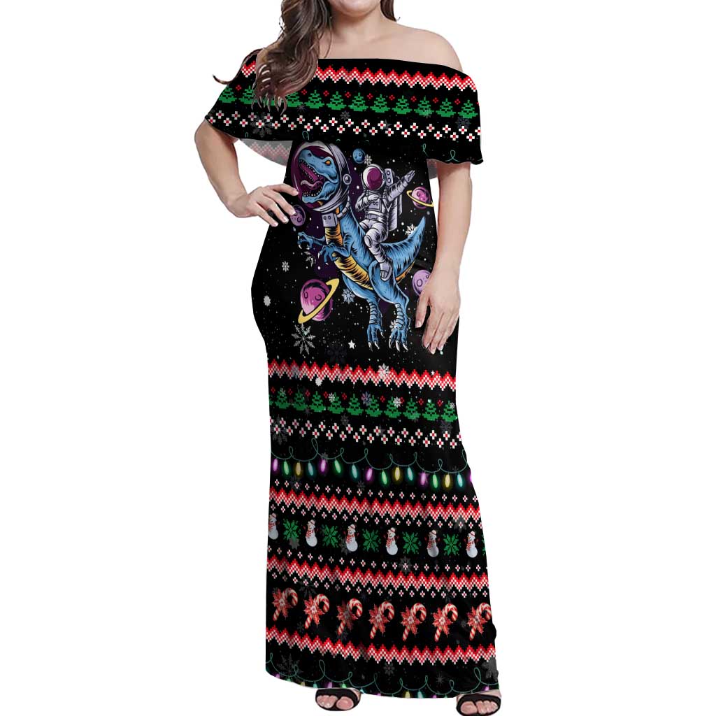 Astronauts Ride A T Rex In Space With The Planet Christmas Off Shoulder Maxi Dress Xmas Holiday Patterns - Wonder Print Shop