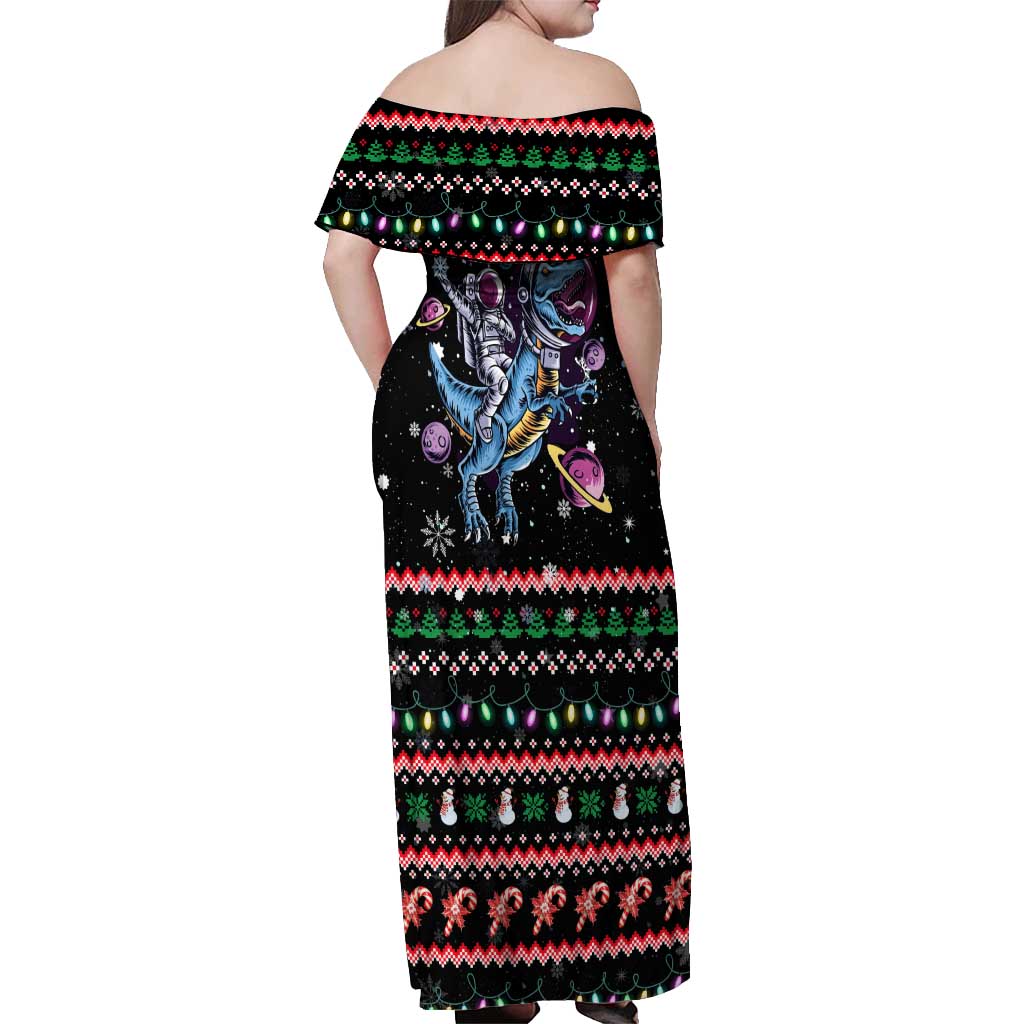 Astronauts Ride A T Rex In Space With The Planet Christmas Off Shoulder Maxi Dress Xmas Holiday Patterns - Wonder Print Shop